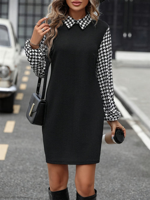 Houndstooth Collared Neck Long Sleeve Mini Dress Trendsi