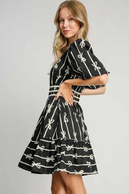 Umgee Ribbon Print Frill Contrast Velvet Trim Half Sleeve Dress Trendsi