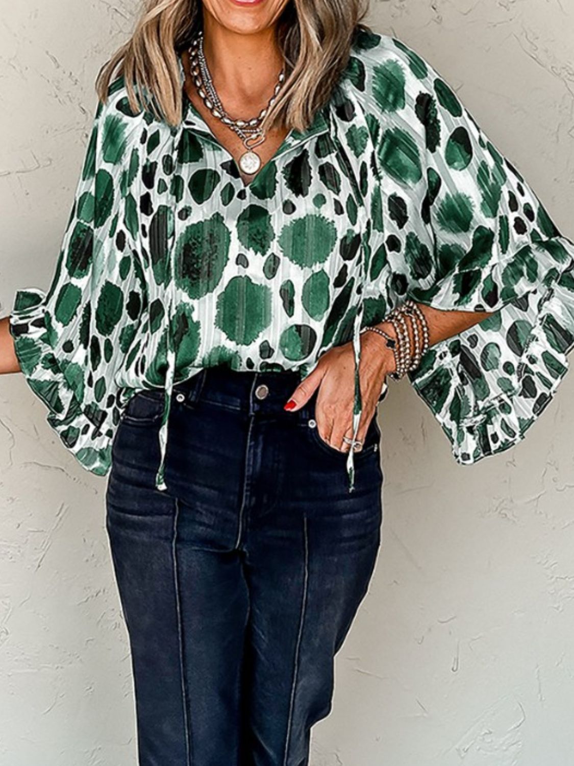 Printed Tie Neck Three-Quarter Sleeve Blouse Trendsi