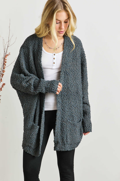 ADORA Popcorn Knit Open Front Long Sleeve Cardigan Trendsi