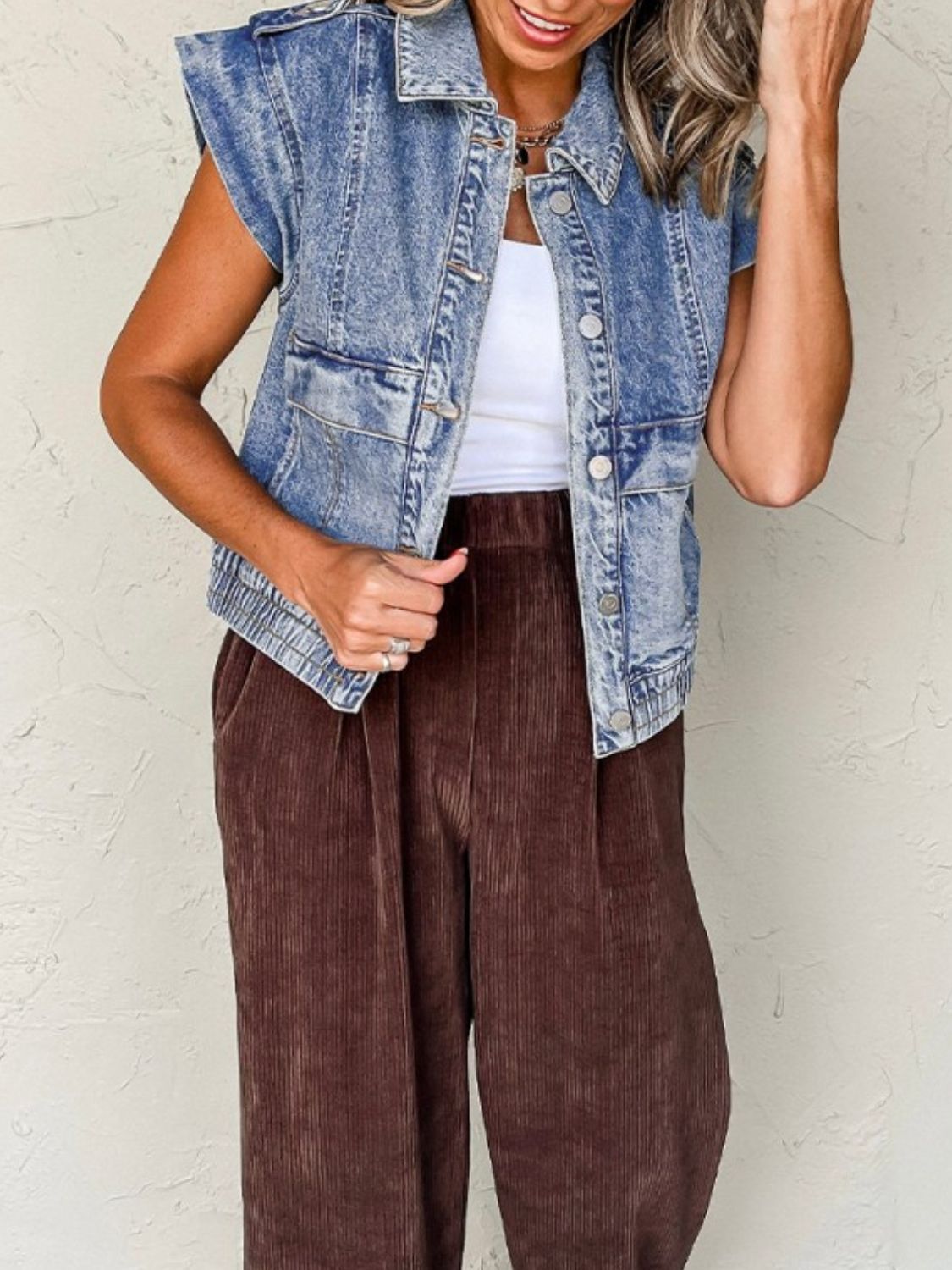 Button Up Cap Sleeve Denim Jacket Trendsi