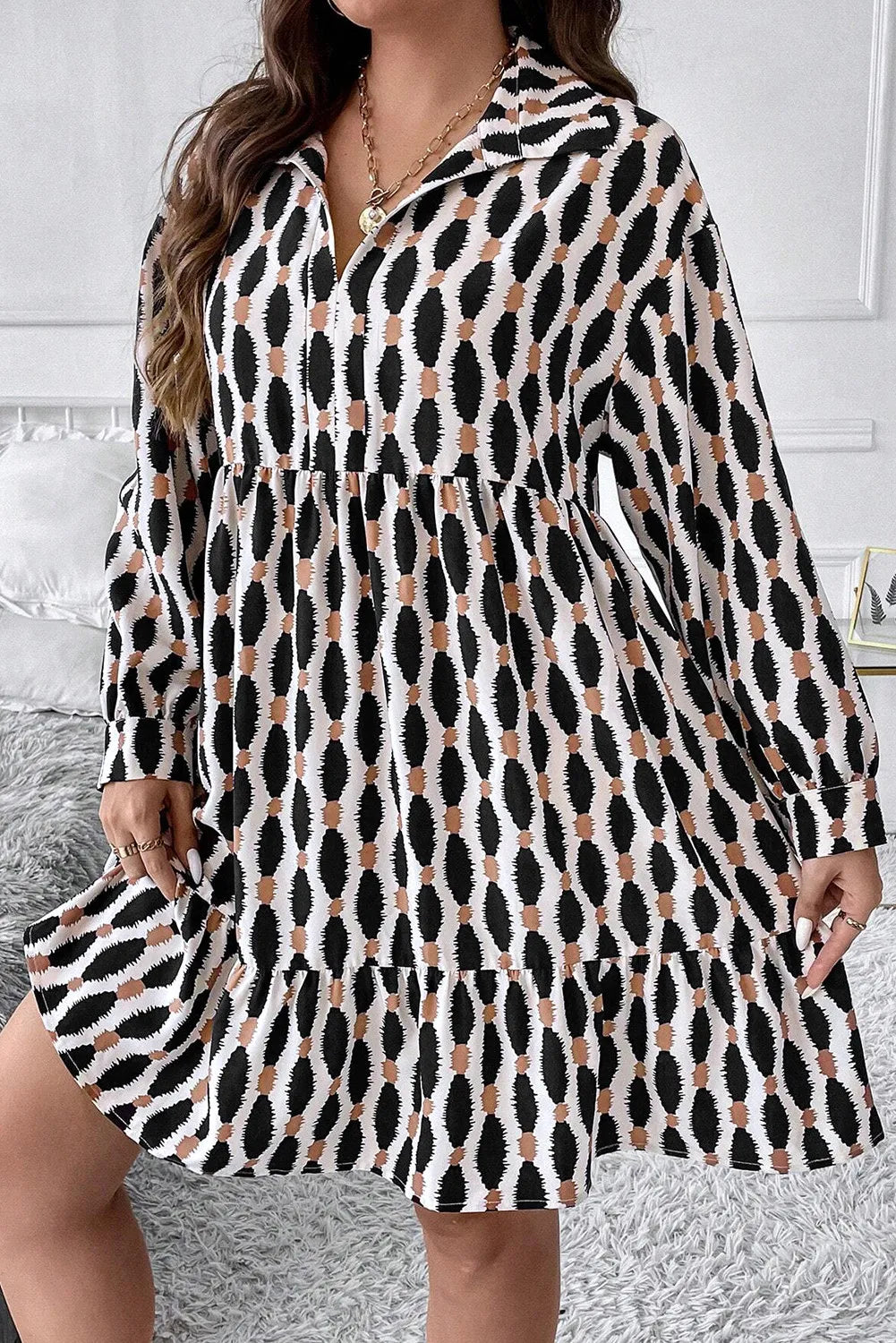 Plus Size Printed Johnny Collar Long Sleeve Dress Trendsi