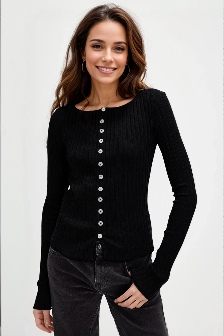 Basic Bae Texture Button Up Round Neck Long Sleeve Top Trendsi