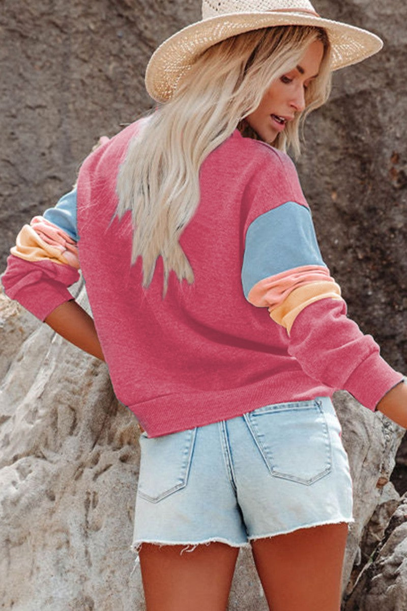 Color Block Round Neck Long Sleeve Sweatshirt Trendsi