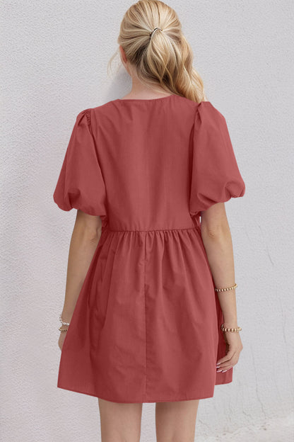 Oh Bow Ruched Puff Sleeve Mini Dress Trendsi