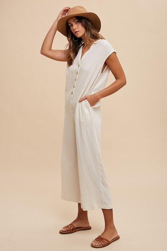 Annie Wear Button Detail Wide Leg Jumpsuit with Pockets Trendsi