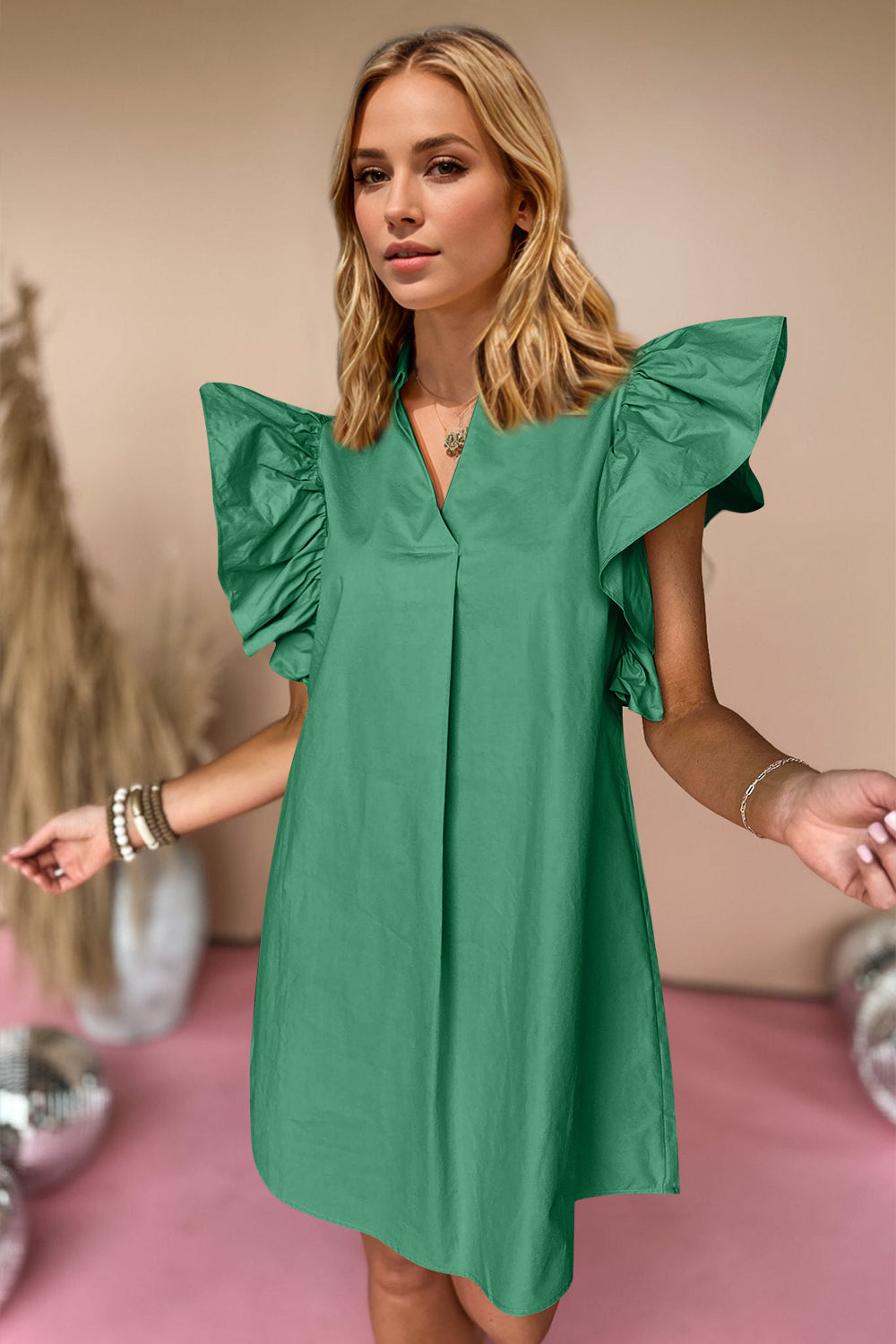 Oh Ruched Johnny Collar Cap Sleeve Mini Dress Trendsi