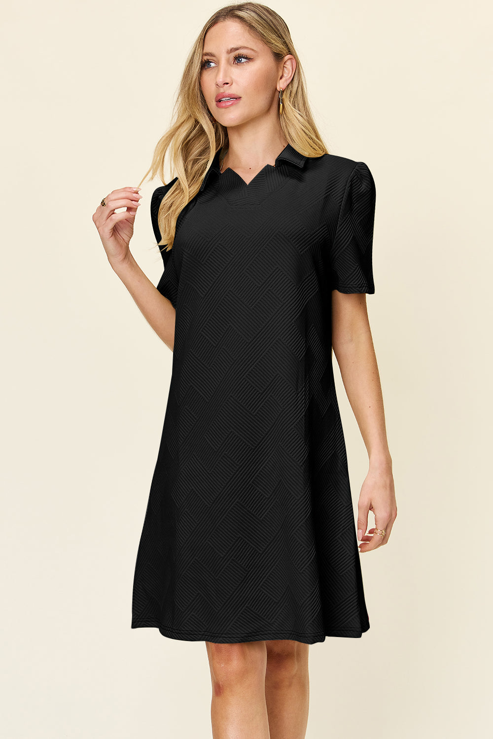 Double Take Full Size Texture Collared Neck Short Sleeve Dress Trendsi