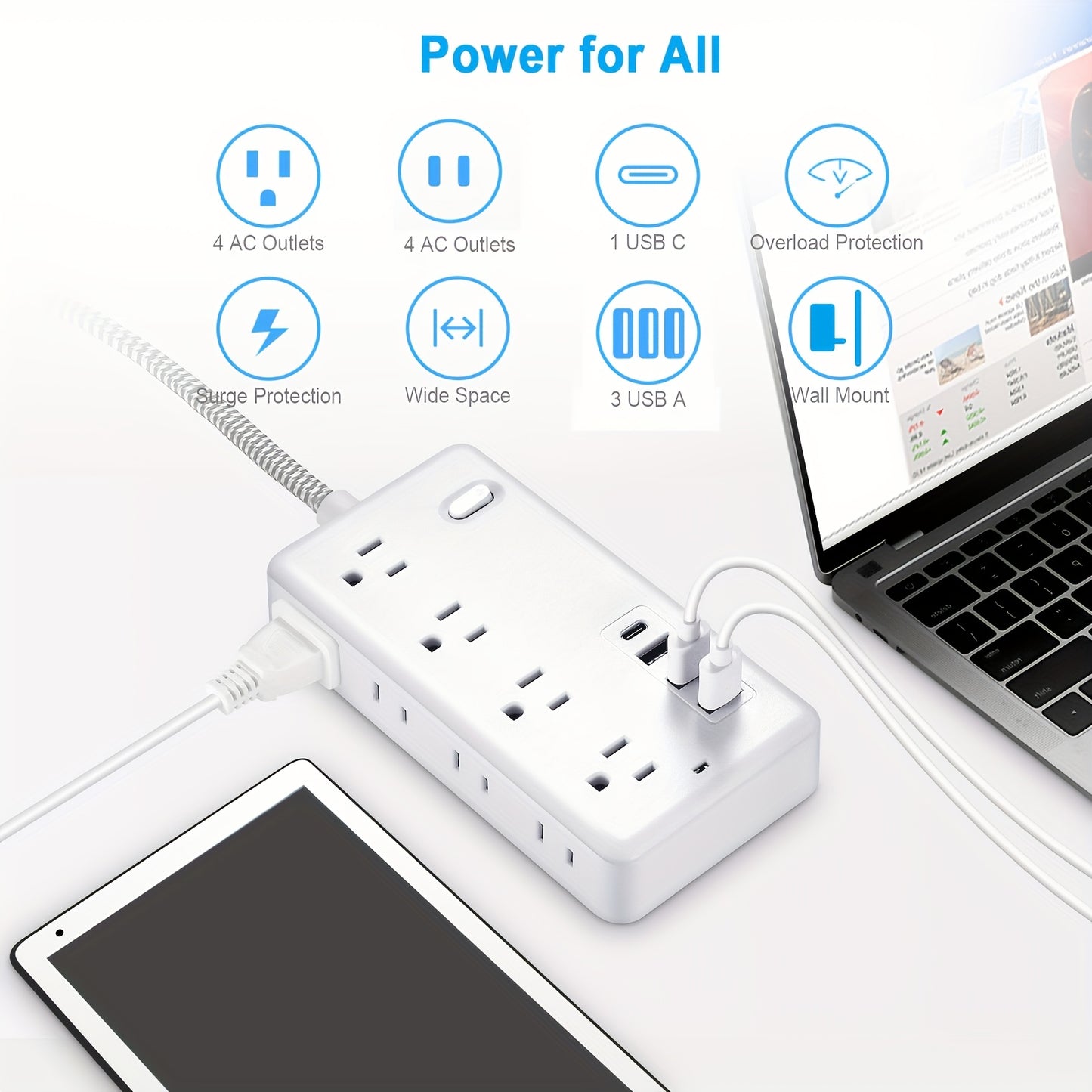 10ft Surge Protector - 8 AC Outlets & 3 USB Ports-World Bazaar Life