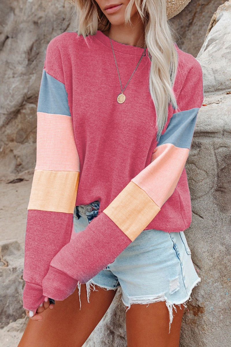 Color Block Round Neck Long Sleeve Sweatshirt Trendsi