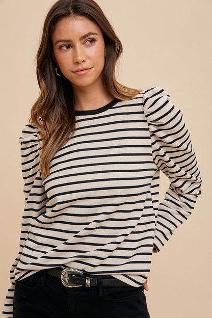 Annie Wear Striped Round Neck Puff Sleeve French Terry Top Trendsi