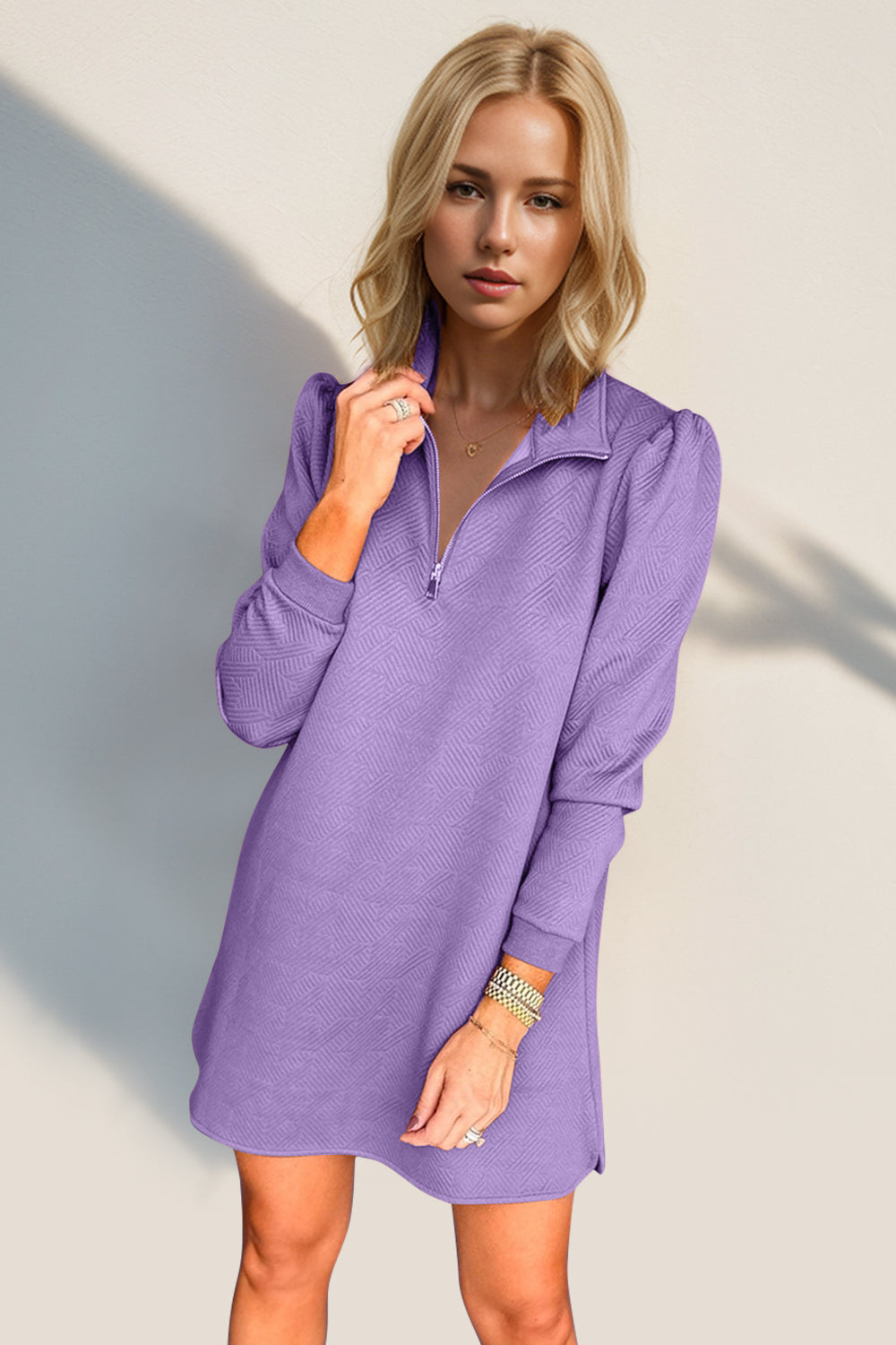 Double Take Textured Quarter Zip Long Sleeve Dress Trendsi