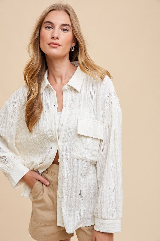 Annie Wear Openwork Button Down Drop Shoulder Shirt Trendsi