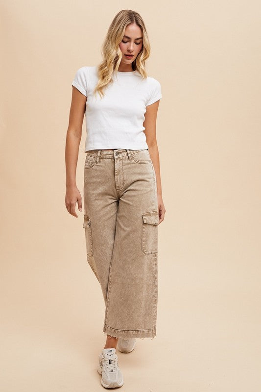 Annie Wear Raw Hem Wide Leg Jeans with Cargo Pockets Trendsi