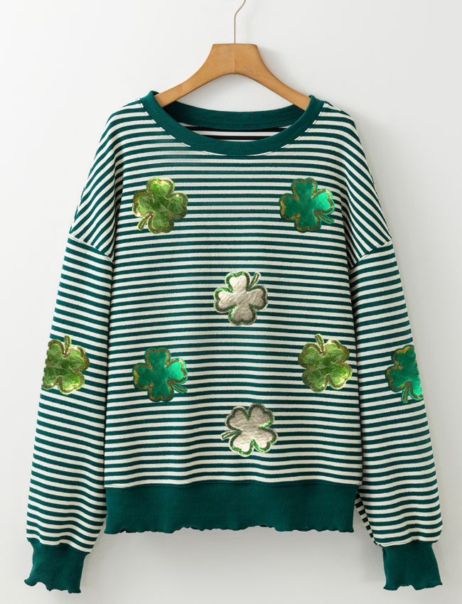 Stripe Lucky Clover Drop Shoulder Sweatshirt Trendsi