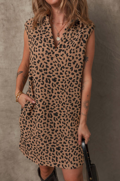 Leopard Johnny Collar Sleeveless Mini Dress Trendsi