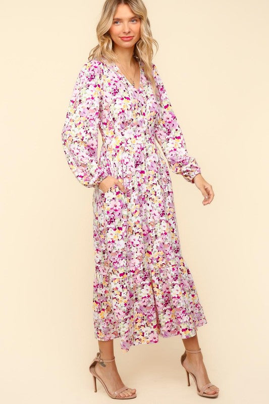 Haptics Full Size Floral V-Neck Long Sleeve Dress with Side Pockets Trendsi