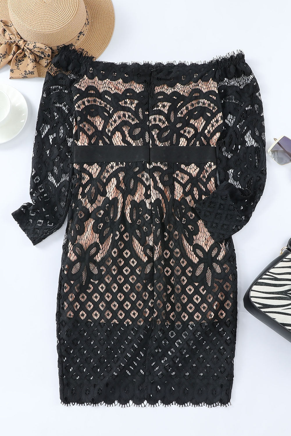 Off-Shoulder Long Sleeve Lace Dress Trendsi