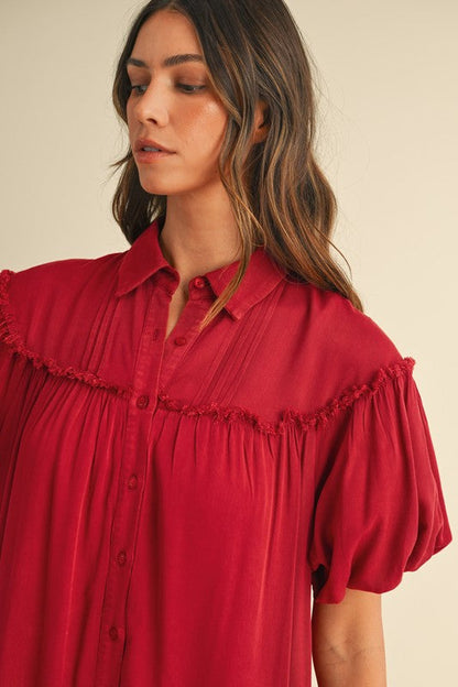 Annie Wear Mineral Washed Button Down Puff Sleeve Shirt Dress Trendsi