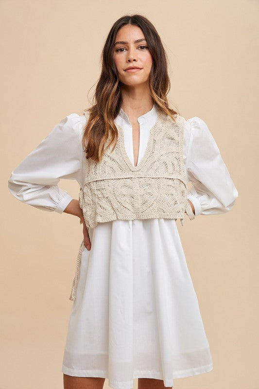 Annie Wear Crochet Vest Notched Long Sleeve Shirt Dress Trendsi