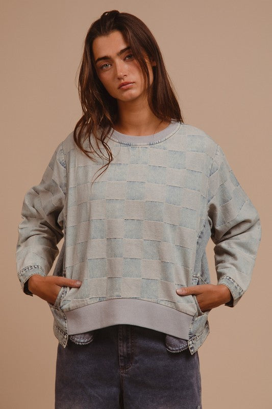 BiBi Mineral Washed Checkered Round Neck Denim Top Trendsi