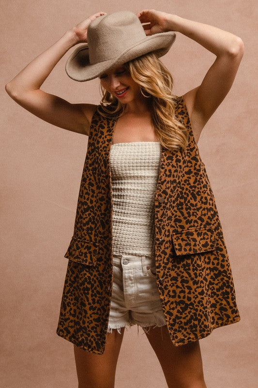 BiBi Leopard Button Up Denim Vest Trendsi