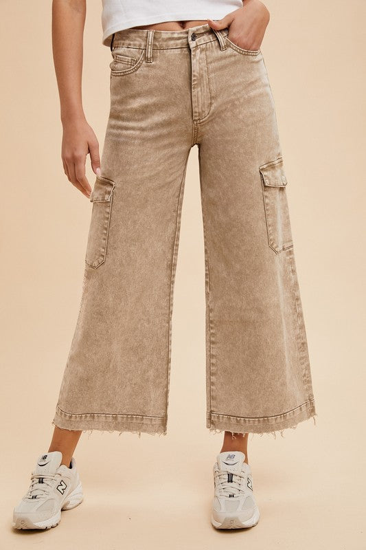 Annie Wear Raw Hem Wide Leg Jeans with Cargo Pockets Trendsi