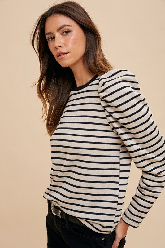 Annie Wear Striped Round Neck Puff Sleeve French Terry Top Trendsi