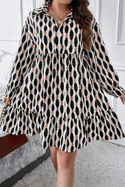 Plus Size Printed Johnny Collar Long Sleeve Dress Trendsi