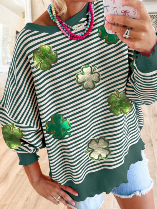 Stripe Lucky Clover Drop Shoulder Sweatshirt Trendsi