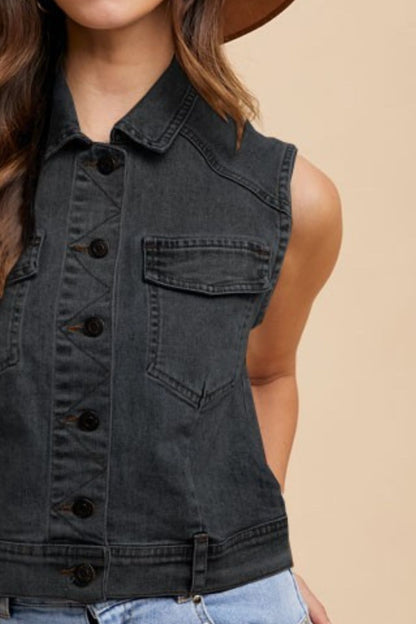 Annie Wear Collared Neck Button Down Denim Vest Trendsi