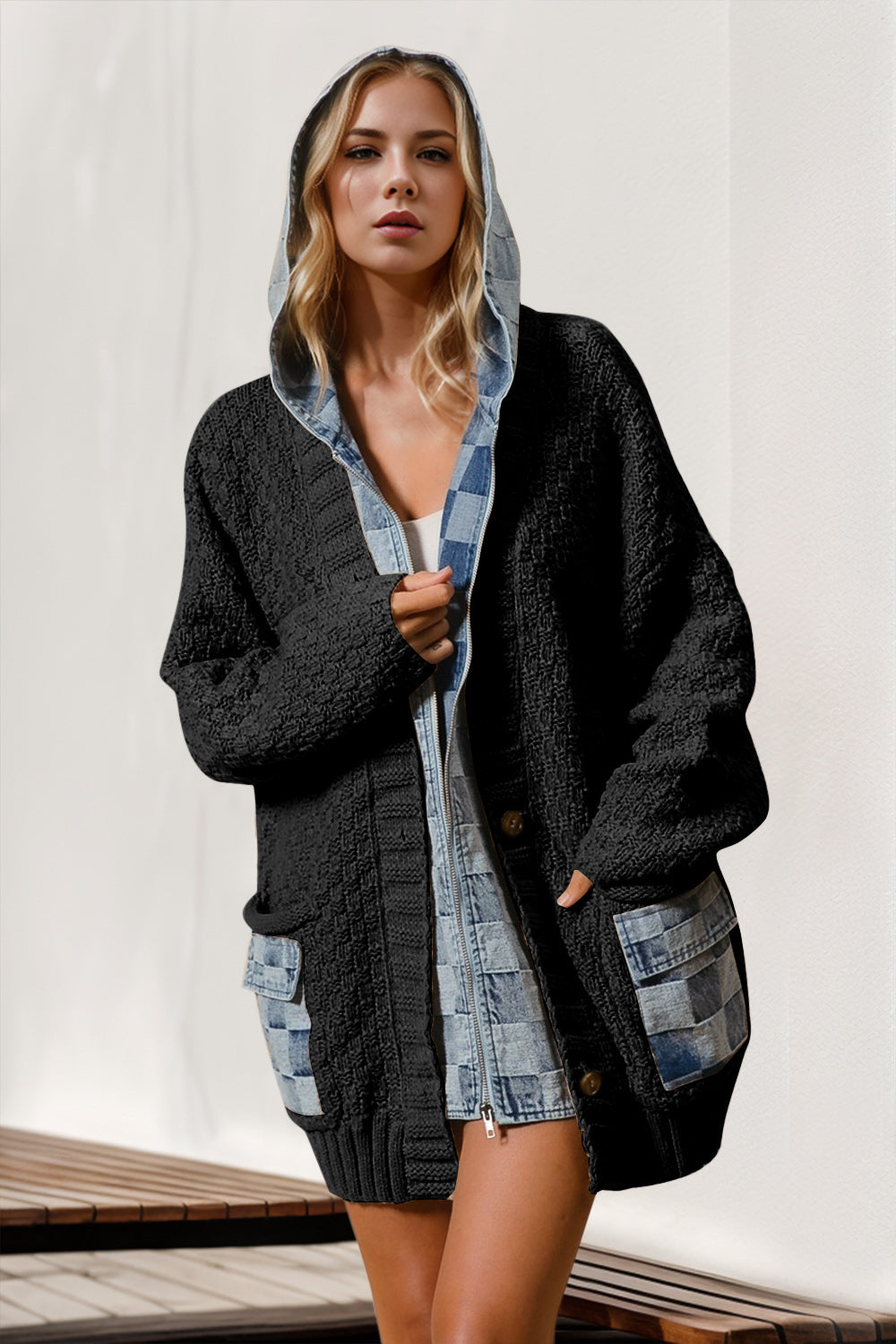 Double Take Full Size Hooded Denim Spliced Sweater Cardigan Trendsi