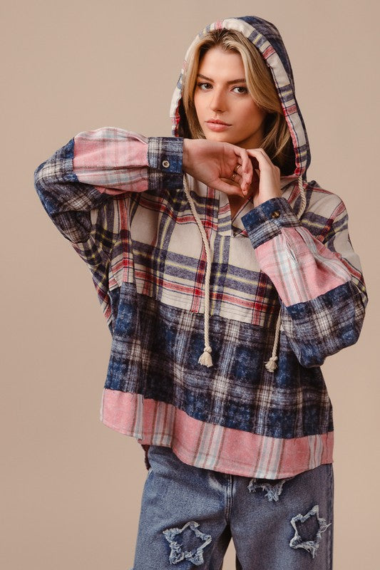 BiBi Drawstring Plaid Drop Shoulder Hoodie Trendsi