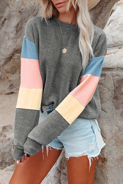 Color Block Round Neck Long Sleeve Sweatshirt Trendsi