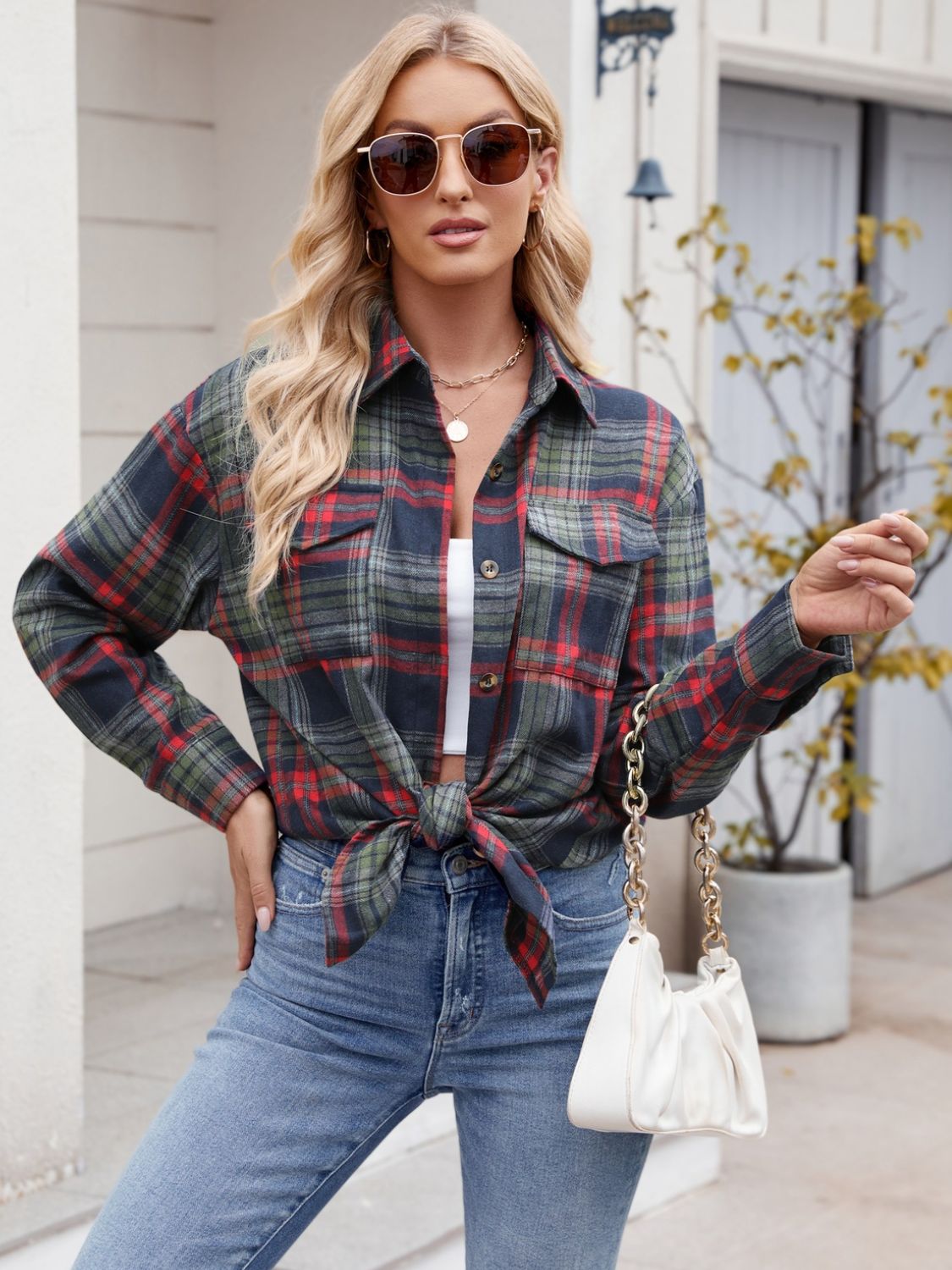 Mandy Plaid Button Up Long Sleeve Shirt Trendsi