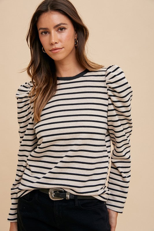 Annie Wear Striped Round Neck Puff Sleeve French Terry Top Trendsi