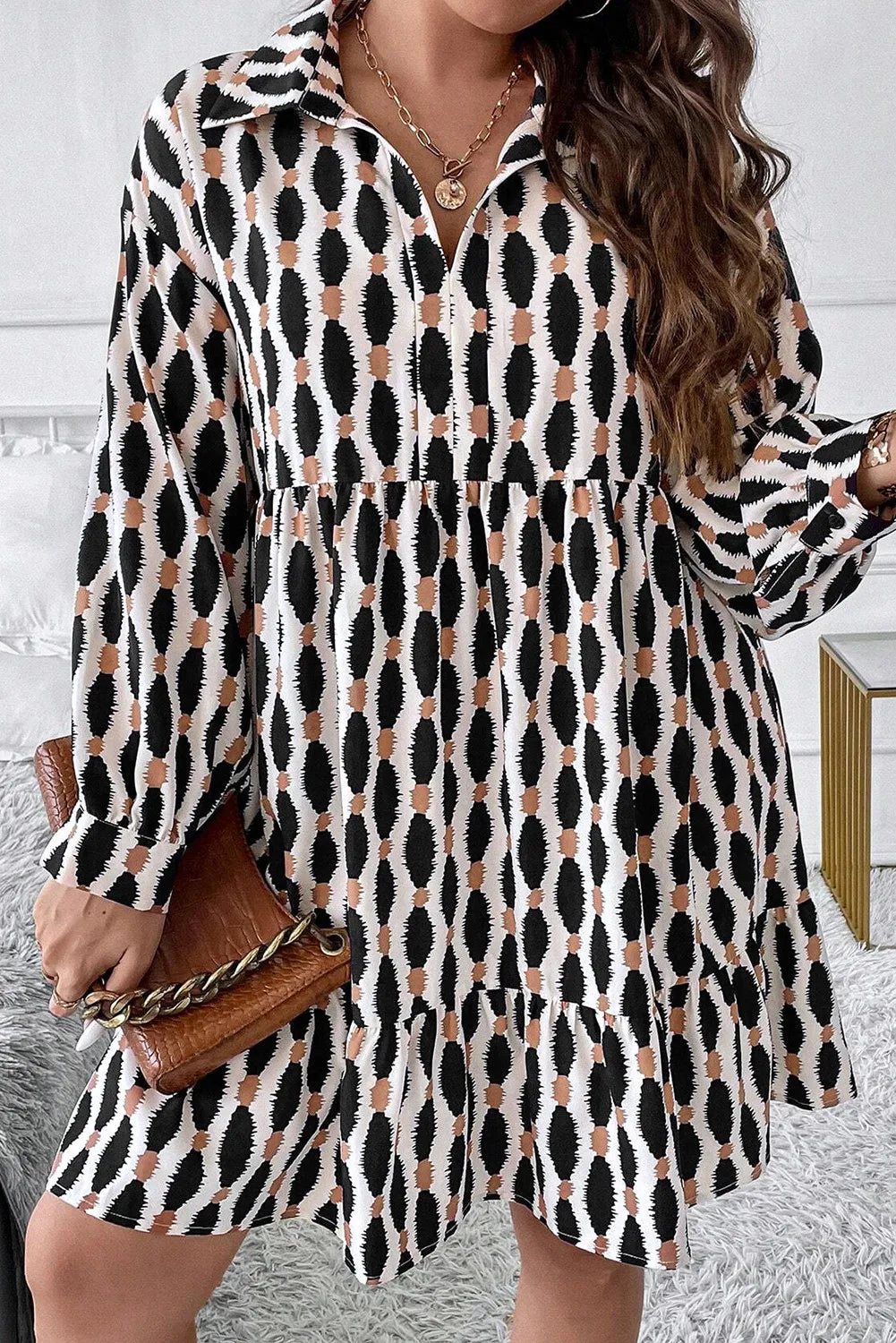 Plus Size Printed Johnny Collar Long Sleeve Dress Trendsi