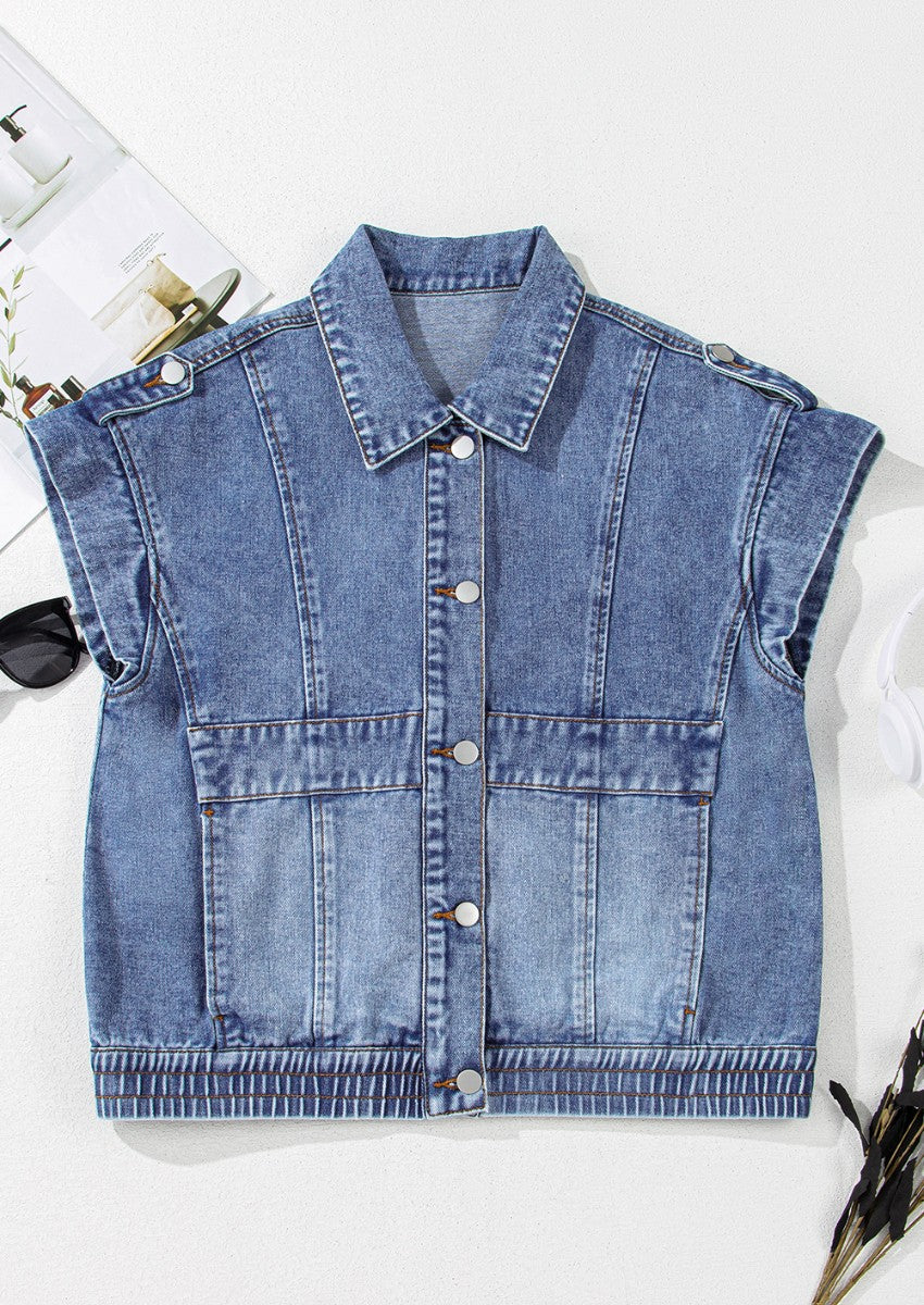 Button Up Cap Sleeve Denim Jacket Trendsi