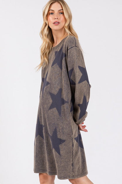 SAGE + FIG Washed Star Print Round Neck Dress Trendsi