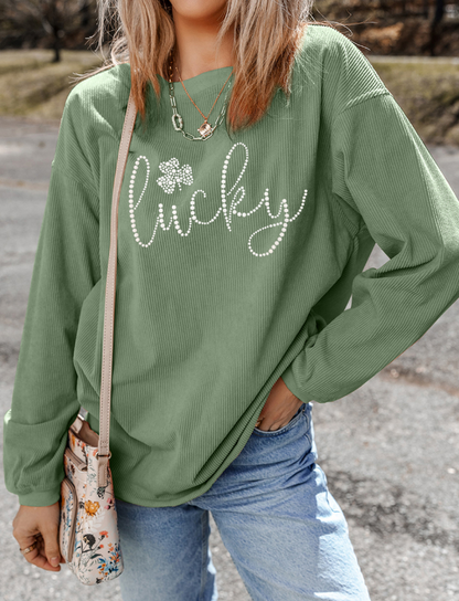 LUCKY Rhinestone Round Neck Long Sleeve Sweatshirt Trendsi