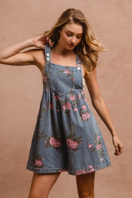 BiBi Flower Printed Wide Strap Denim Overalls Trendsi