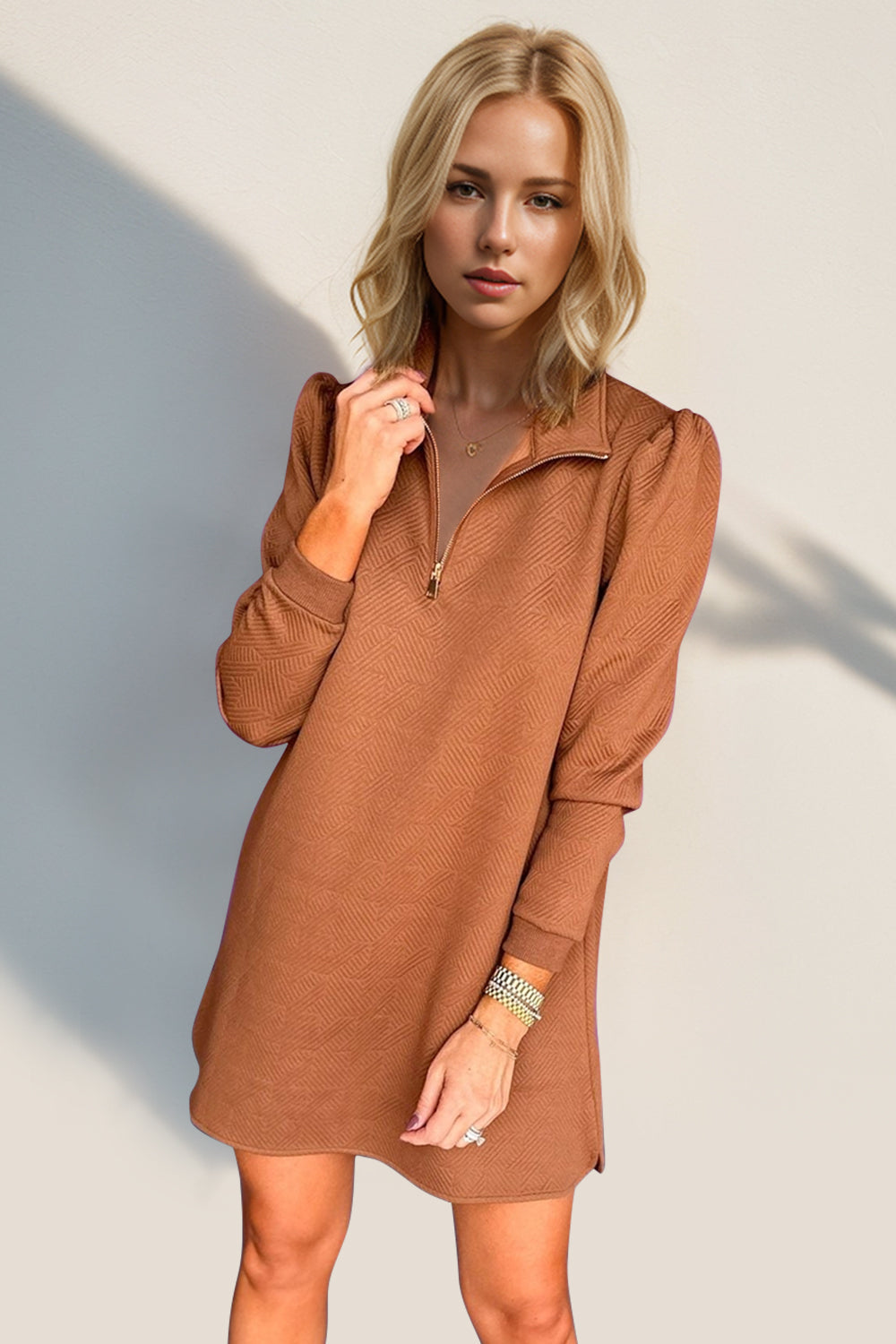 Double Take Textured Quarter Zip Long Sleeve Dress Trendsi