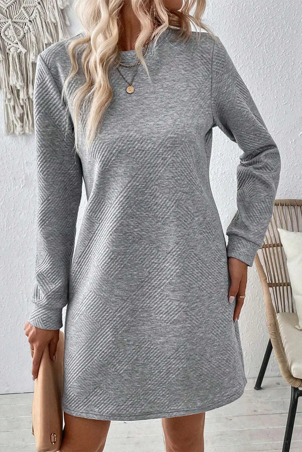 Textured Round Neck Long Sleeve Mini Dress Trendsi