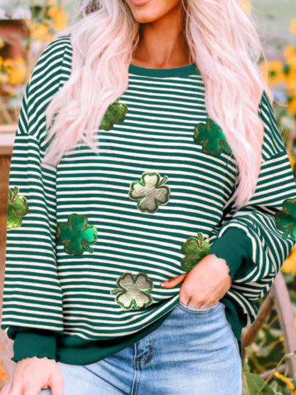 Stripe Lucky Clover Drop Shoulder Sweatshirt Trendsi