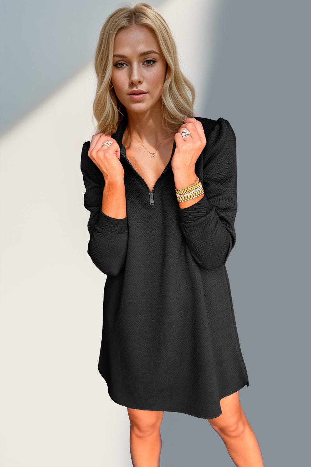 Double Take Textured Quarter Zip Long Sleeve Dress Trendsi