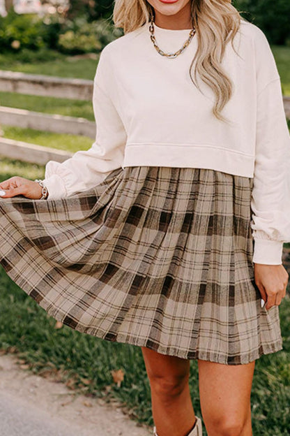 Plaid Round Neck Long Sleeve Mini Dress Trendsi