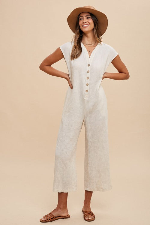 Annie Wear Button Detail Wide Leg Jumpsuit with Pockets Trendsi