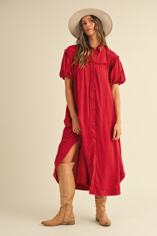 Annie Wear Mineral Washed Button Down Puff Sleeve Shirt Dress Trendsi