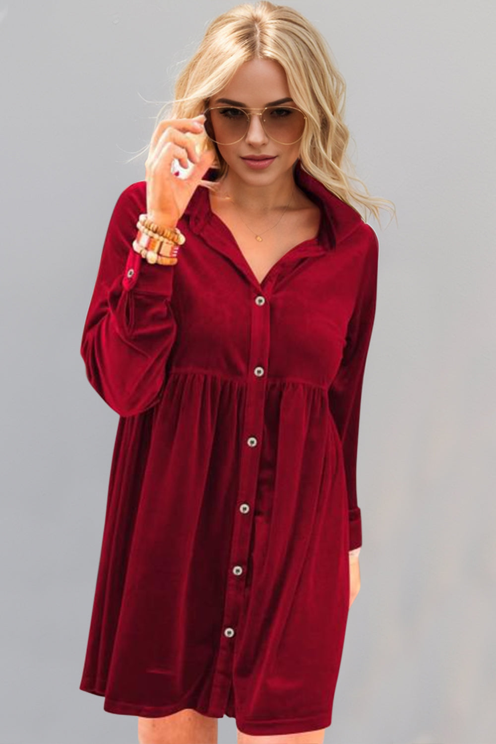 Oh Full Size Collared Neck Long Sleeve Mini Dress Trendsi