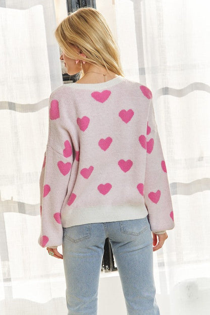 ADORA Heart Round Neck Drop Shoulder Sweater Trendsi